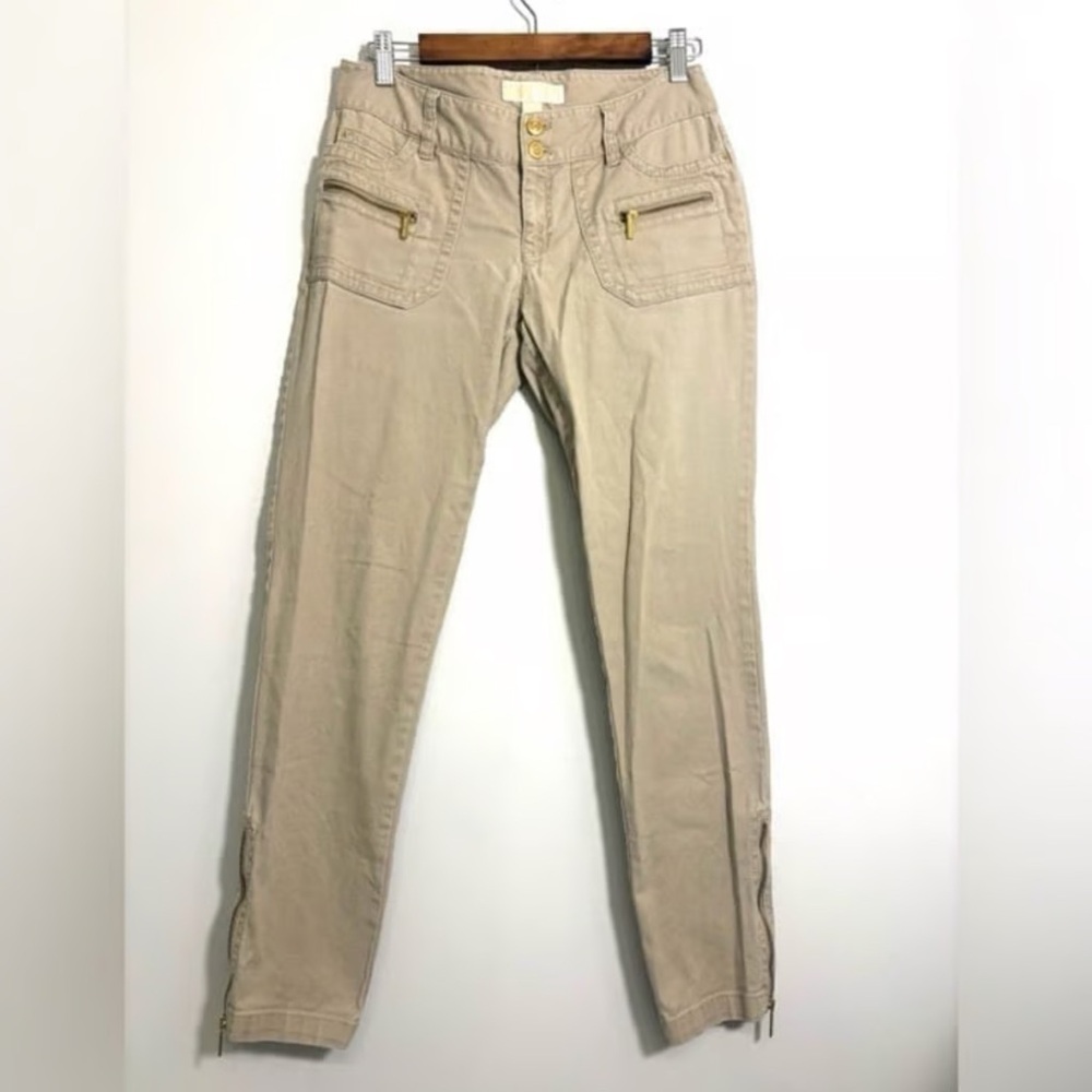 Michael Kors Beige Ankle Zipper Pants with Gold Details